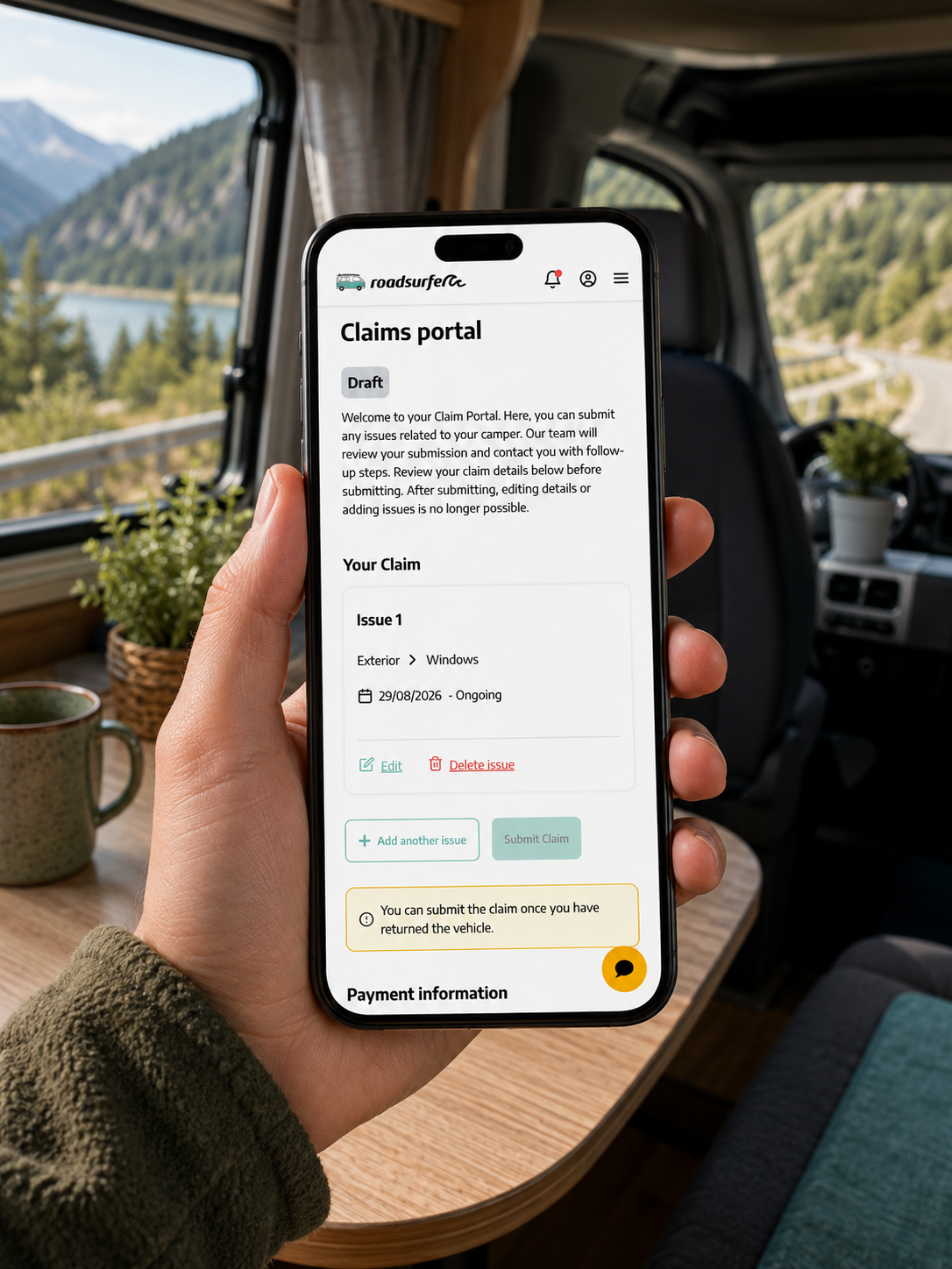 roadsurfer claims portal mockup